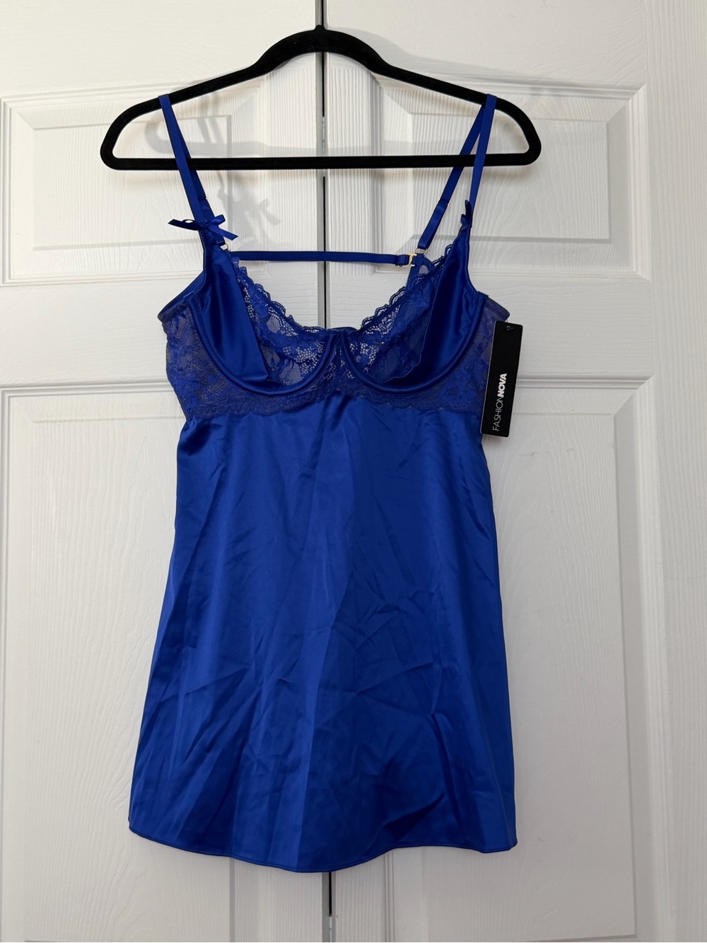 Fashion Nova Cobalt Blue Lace-Detail Satin Chemise